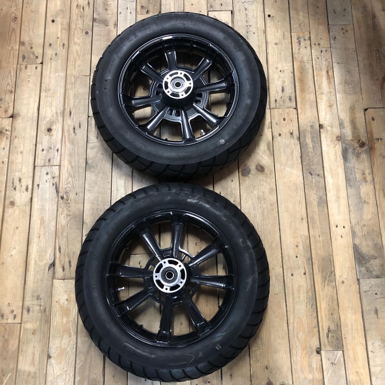 Pair of Indian Scout Bobber wheels with tyres